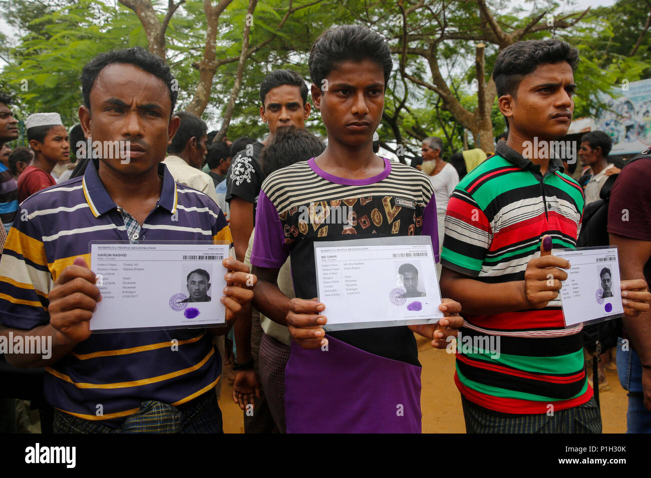 I rifugiati Rohingya tenere biometrici schede di registrazione Kutupalong Refugee Camp a Ukhia In Cox bazar, Bangladesh Foto Stock