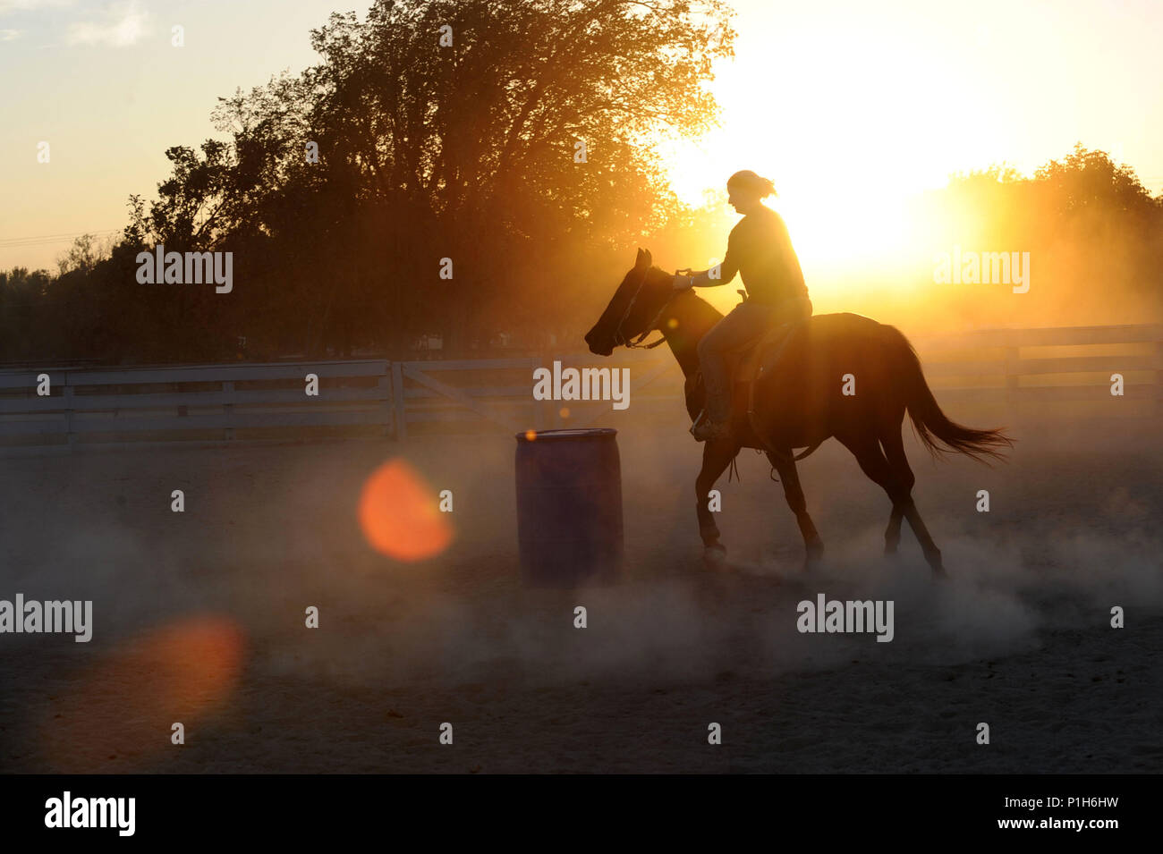 Airman 1. Classe Lauren Nolan, XXII disponibilità logistica squadrone di gestione dei materiali, artigiano, pratiche la sua Barrel racing pattern con il suo cavallo, Tiz Sunshine, Ott. 23, 2016 a Wichita, Kan. Tiz è un bambino di 4 anni fuori-pista purosangue. Nolan lavora con lei al treno per Barrel racing concorsi. (U.S. Air Force photo/ Airman 1. Classe Jenna K. Caldwell) Foto Stock