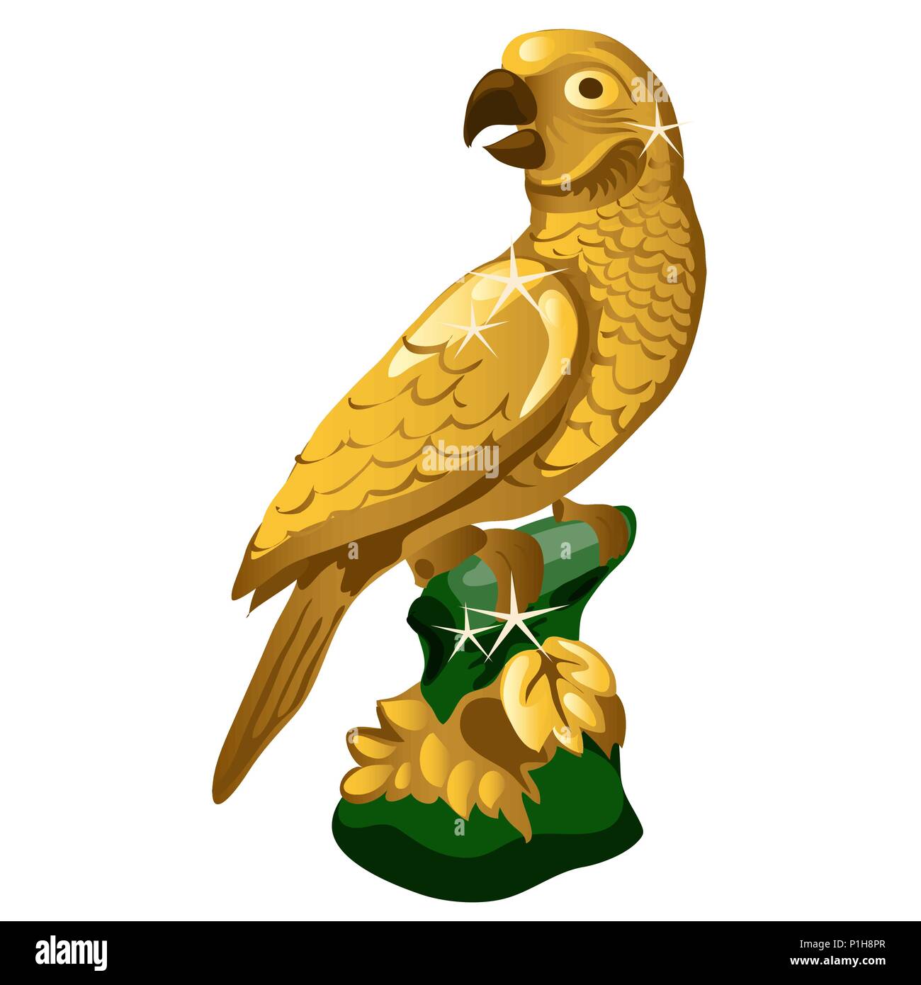 Una statua dorata di un pappagallo isolati su sfondo bianco. Illustrazione Vettoriale. Illustrazione Vettoriale