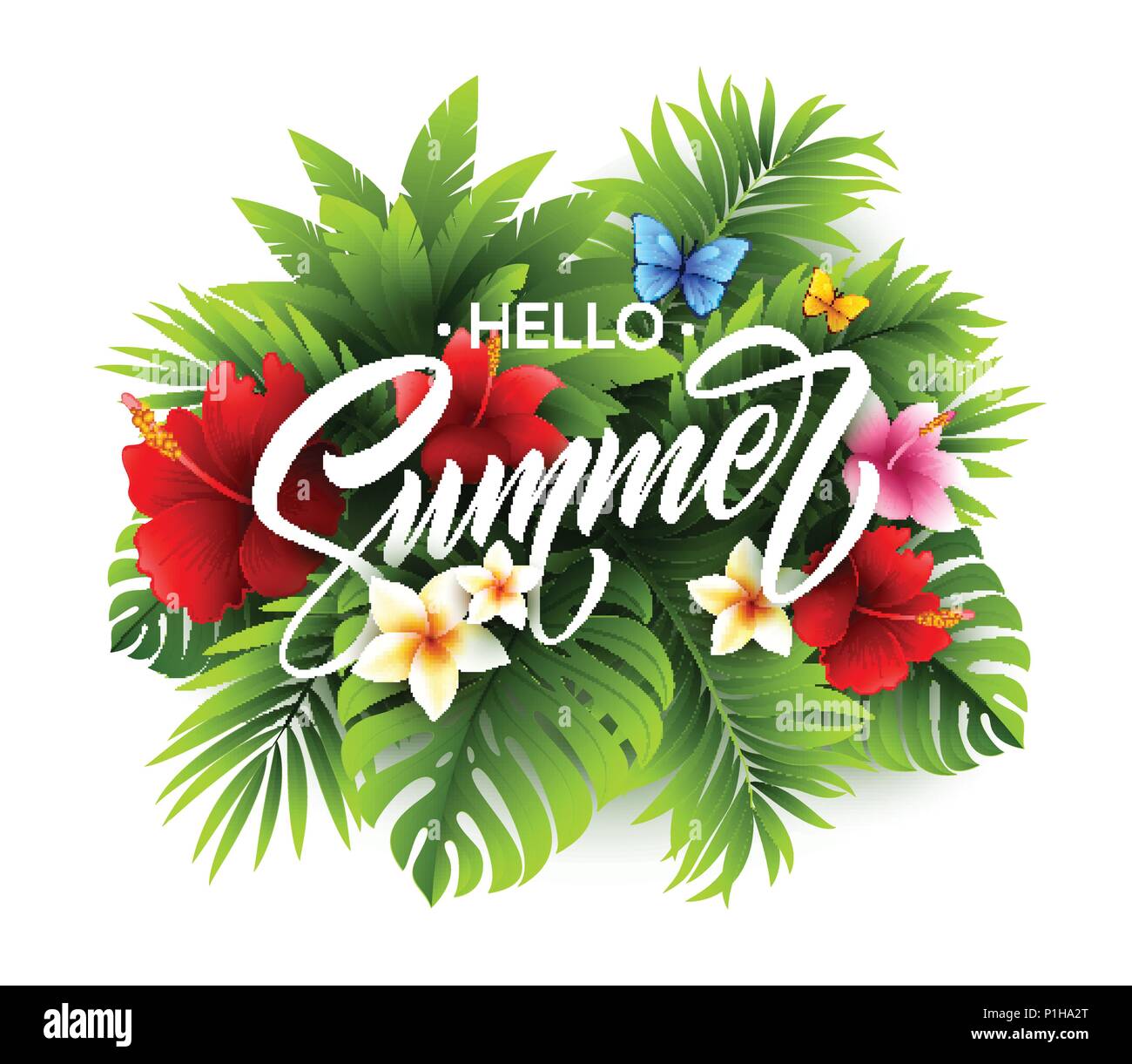 Estate poster con palme tropicali e una foglia di caratteri della scrittura. Illustrazione Vettoriale Illustrazione Vettoriale