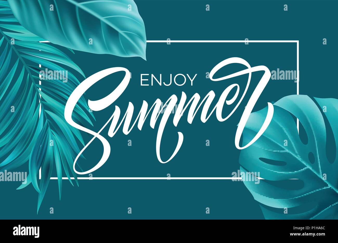 Estate poster con palme tropicali e una foglia di caratteri della scrittura. Illustrazione Vettoriale Illustrazione Vettoriale