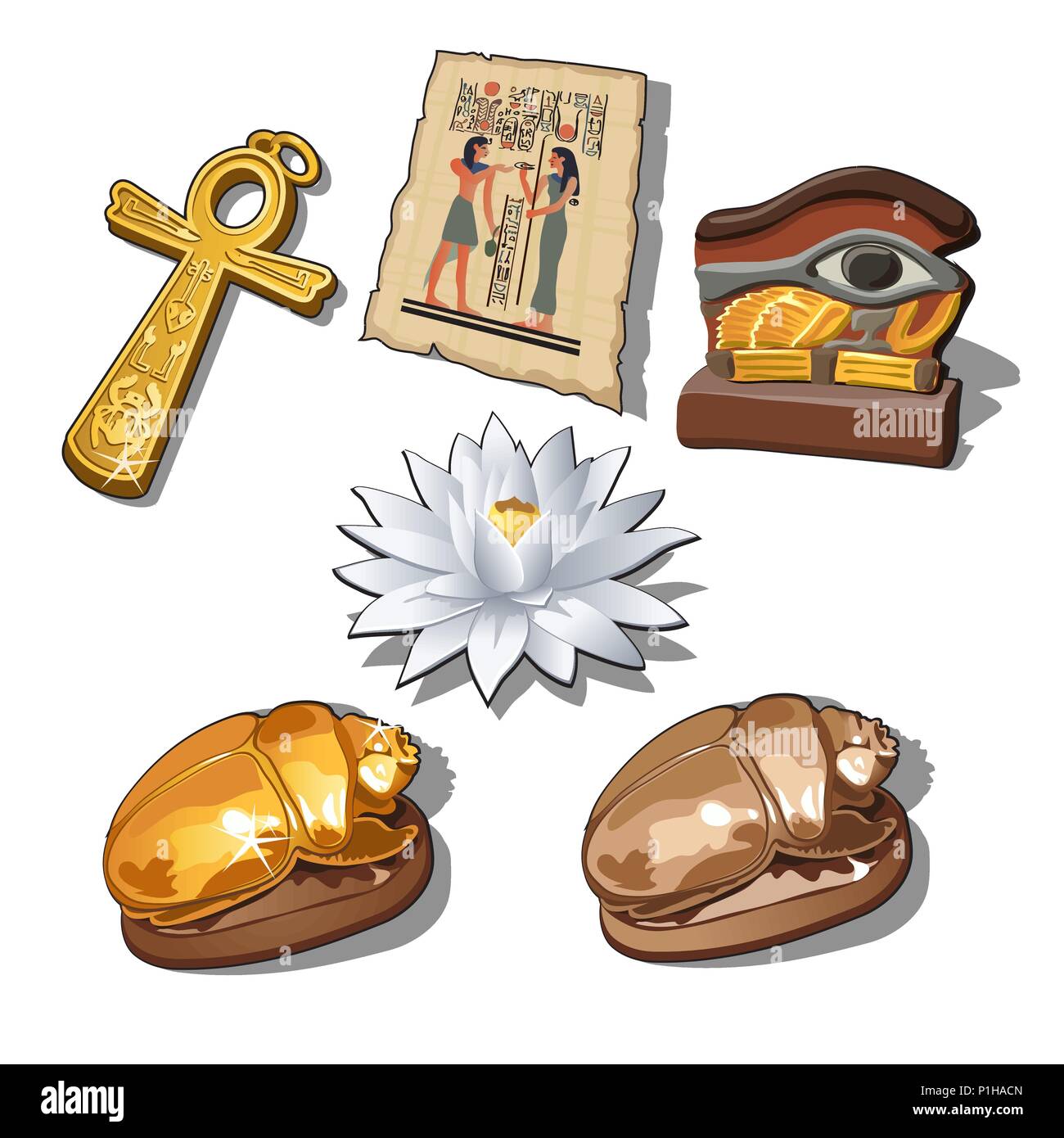 Un set di simboli sacri e manufatti di antico Egitto isolato su uno sfondo bianco. Illustrazione Vettoriale. Illustrazione Vettoriale