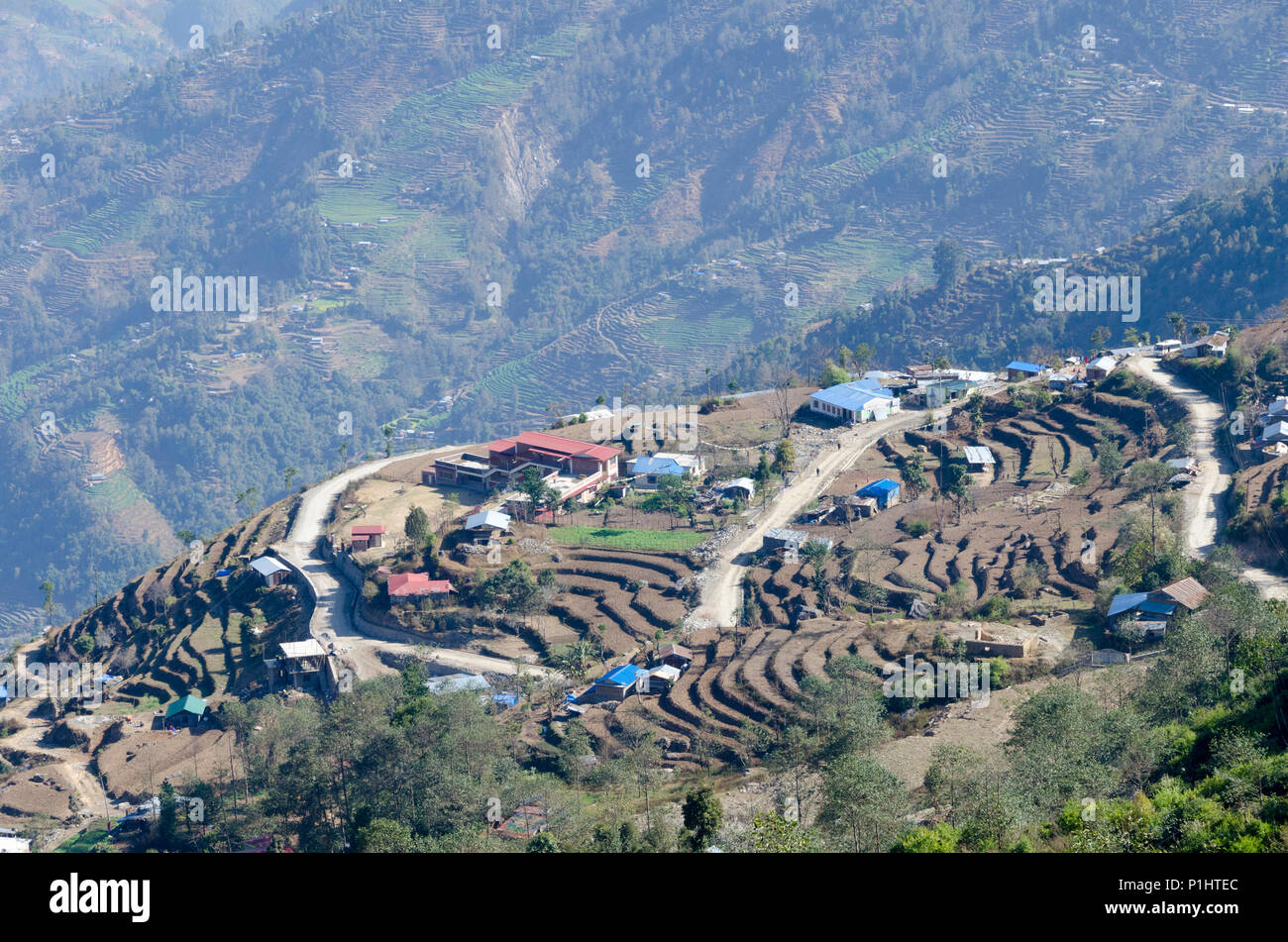 Villaggio sulla collina vicino autostrada Trishuli, Kathmandu, Nepal Foto Stock
