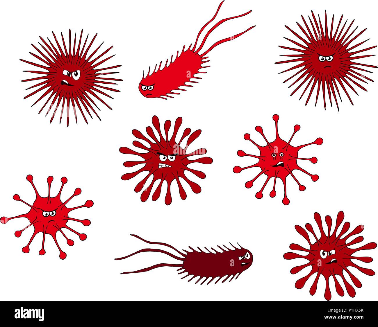 Set di carino divertente batteri e germi in stile cartoon isolati su sfondo bianco. Bad microbi. Illustrazione Vettoriale