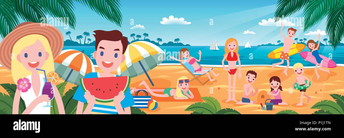 Tropical beach party con le persone che si godono la calda estate tempo in design piatto Illustrazione Vettoriale