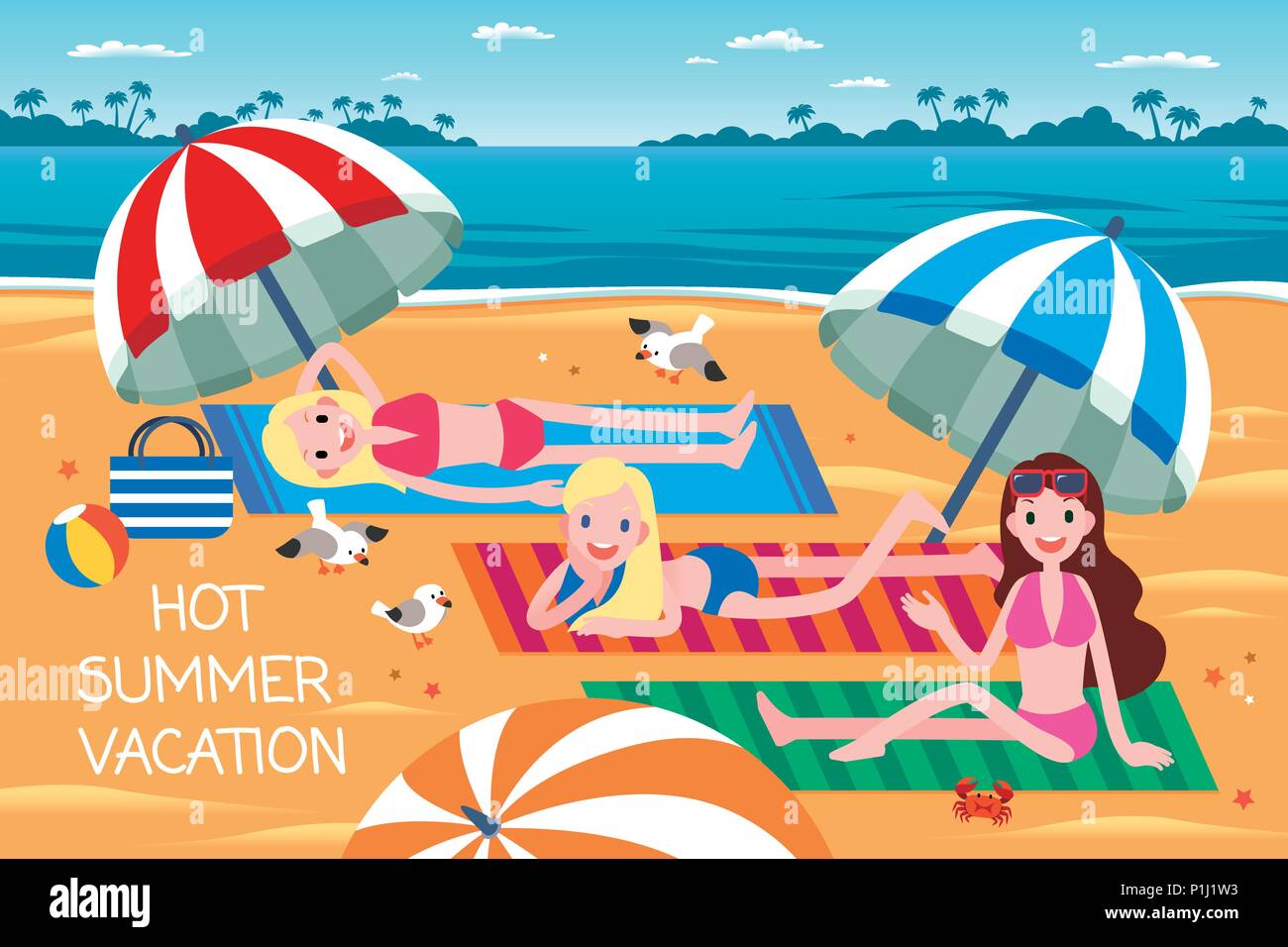 Calda estate vacanza con tre donne godendo di abbronzarvi sulla spiaggia, design piatto Illustrazione Vettoriale