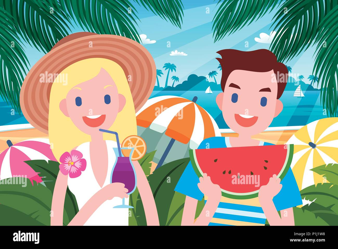 Hot Summer Party con persone gustando un cocktail e anguria in design piatto Illustrazione Vettoriale