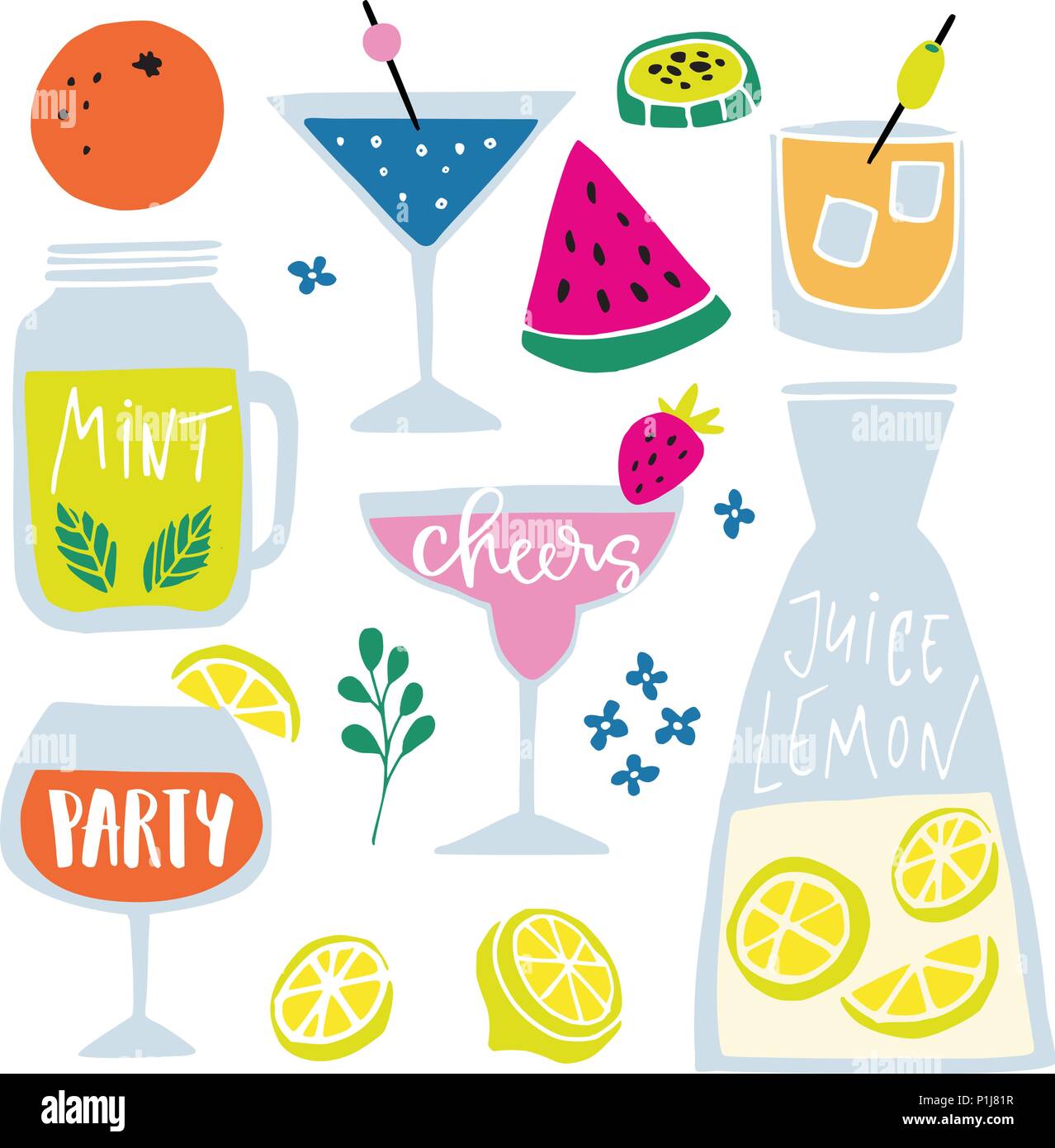 Set di disegnati a mano bevande alcoliche e analcoliche e cocktail con scritte tra virgolette. Vacanze Estate e beach party concetto. Vettore isolato icone. Illustrazione Vettoriale