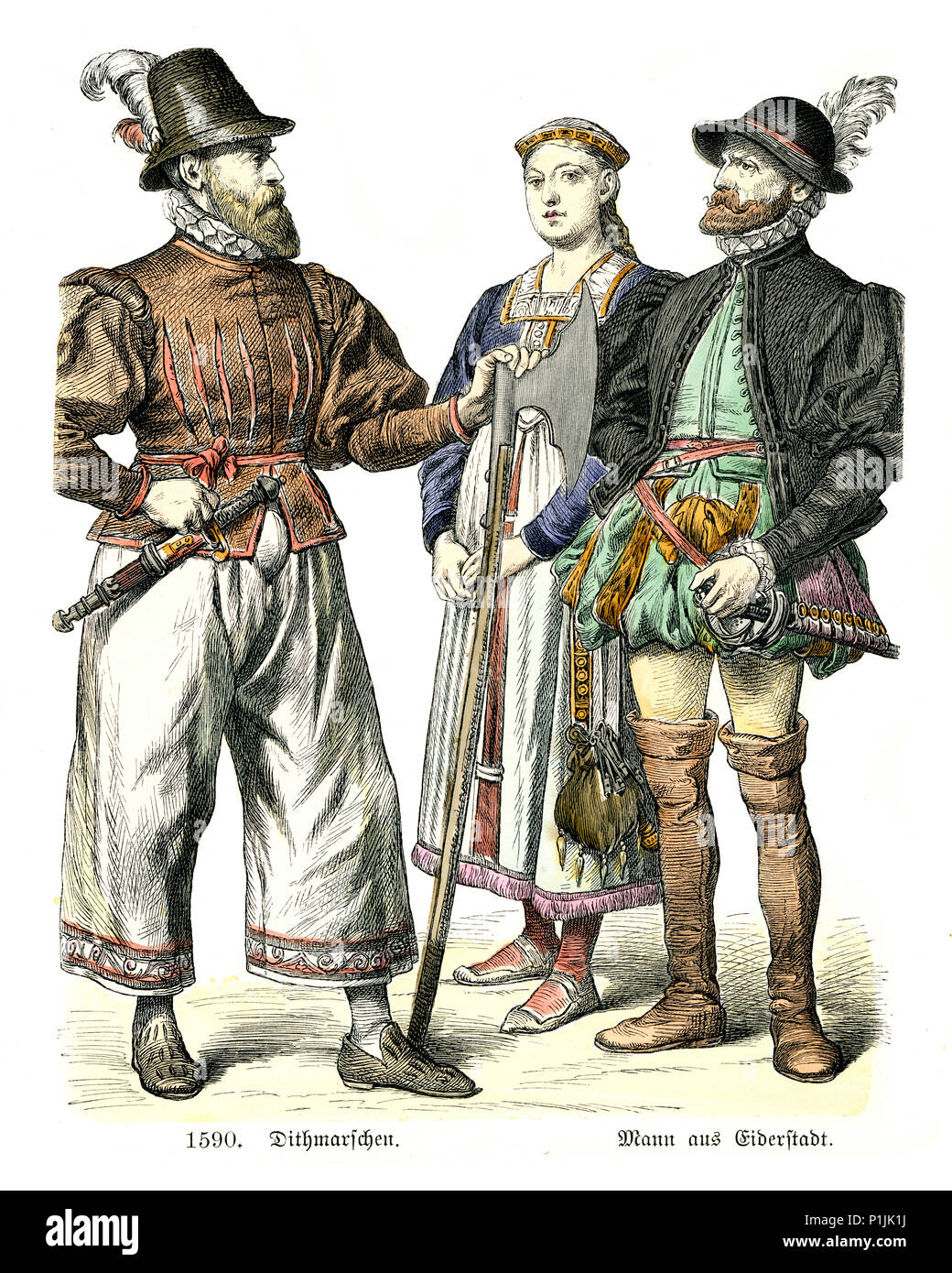 Vintage incisione di Storia della moda, costumi di Germania XVI secolo. L uomo e la donna di Eiderstedt, Schleswig-Holstein e uomo di Dithmarschen, 15 Foto Stock