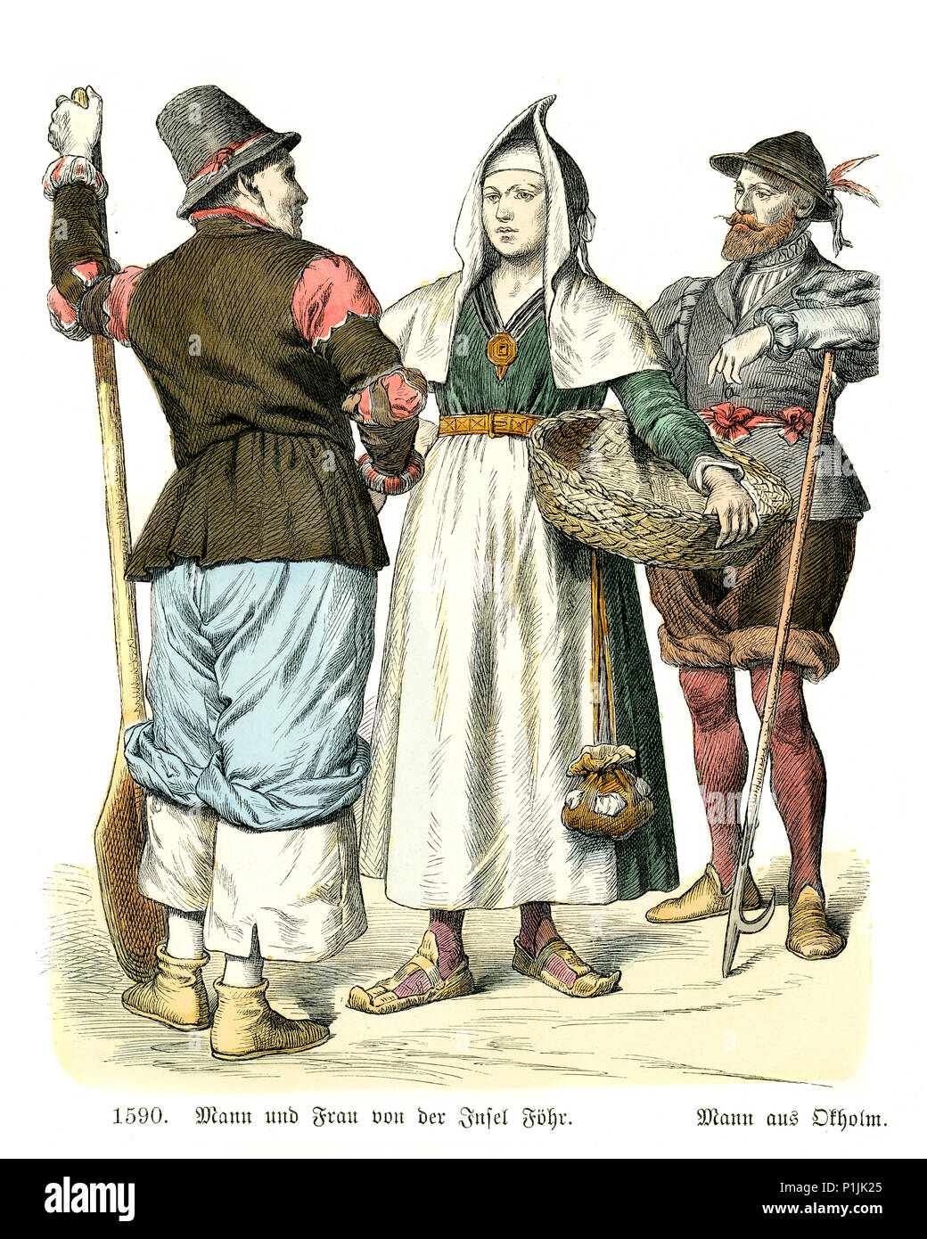 Vintage incisione di Storia della moda, costumi di Germania XVI secolo. L uomo e la donna di Fohr uno del nord Isole Frisone sulla costa tedesca Foto Stock