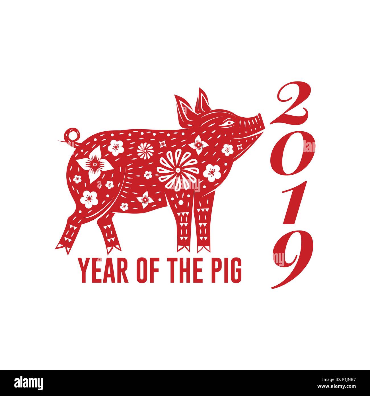 Rosso di maiale cinese sullo sfondo bianco. Illustrazione Vettoriale. Il Capodanno cinese 2019 anno del maiale. Per l'anno nuovo biglietto di auguri, volantini, poster, un banner o un modello di sito web. Illustrazione Vettoriale