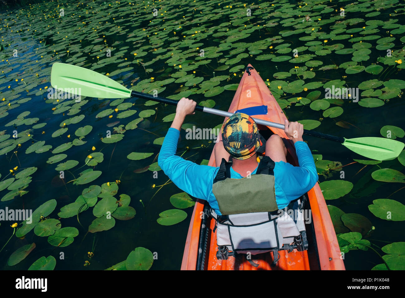 L'uomo kayak, paletta oscillante in aria a fiume con un sacco di ninfee, vista posteriore, ad alto angolo di visione Foto Stock