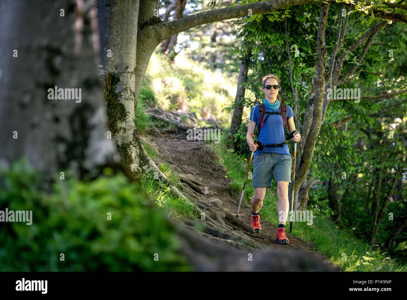 Donna trekking in montagna Nockstein vicino a Salisburgo, Austria Foto Stock