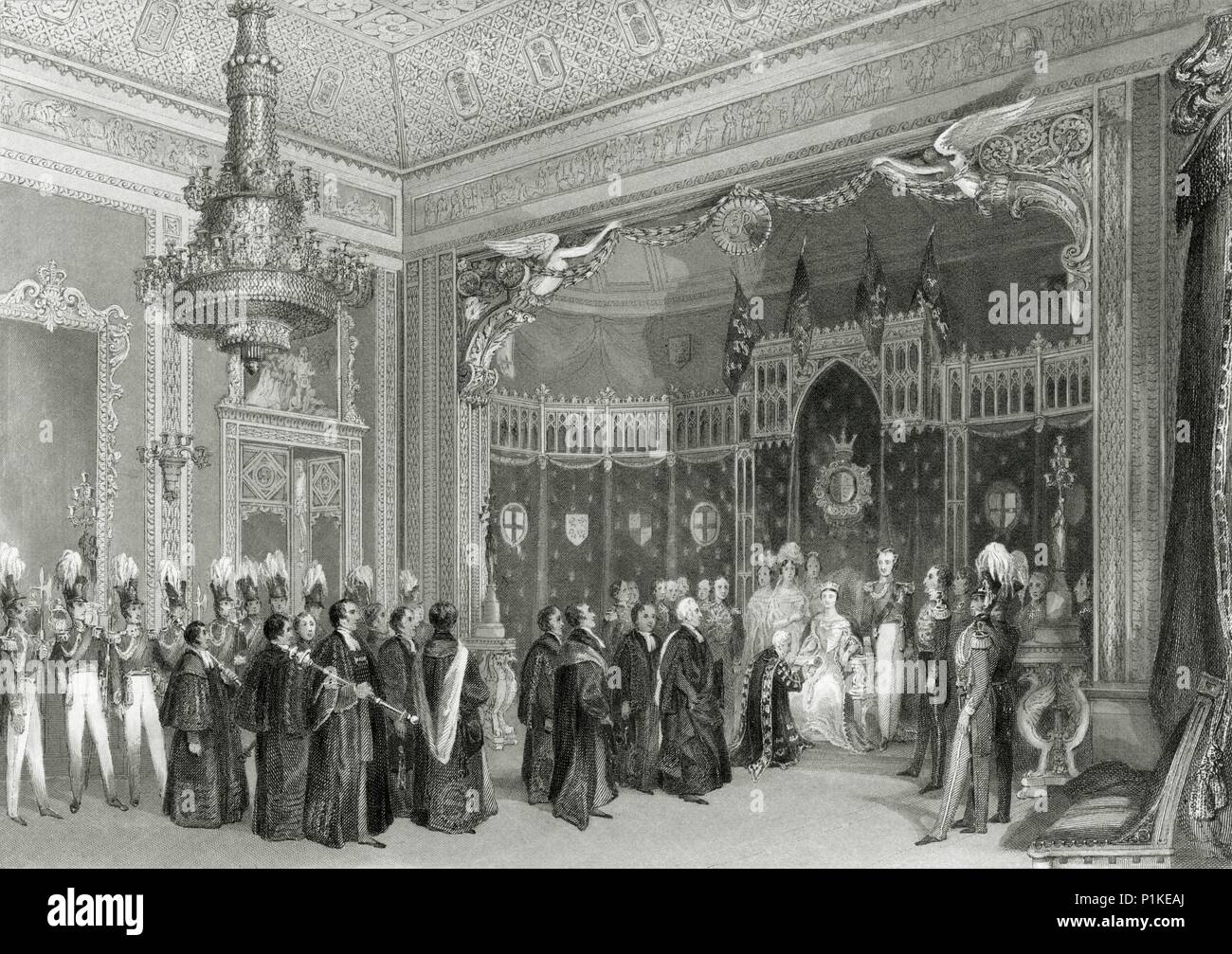 Interno della sala del trono, Buckingham Palace, Westminster, London, 1840. Artista: sconosciuto. Foto Stock
