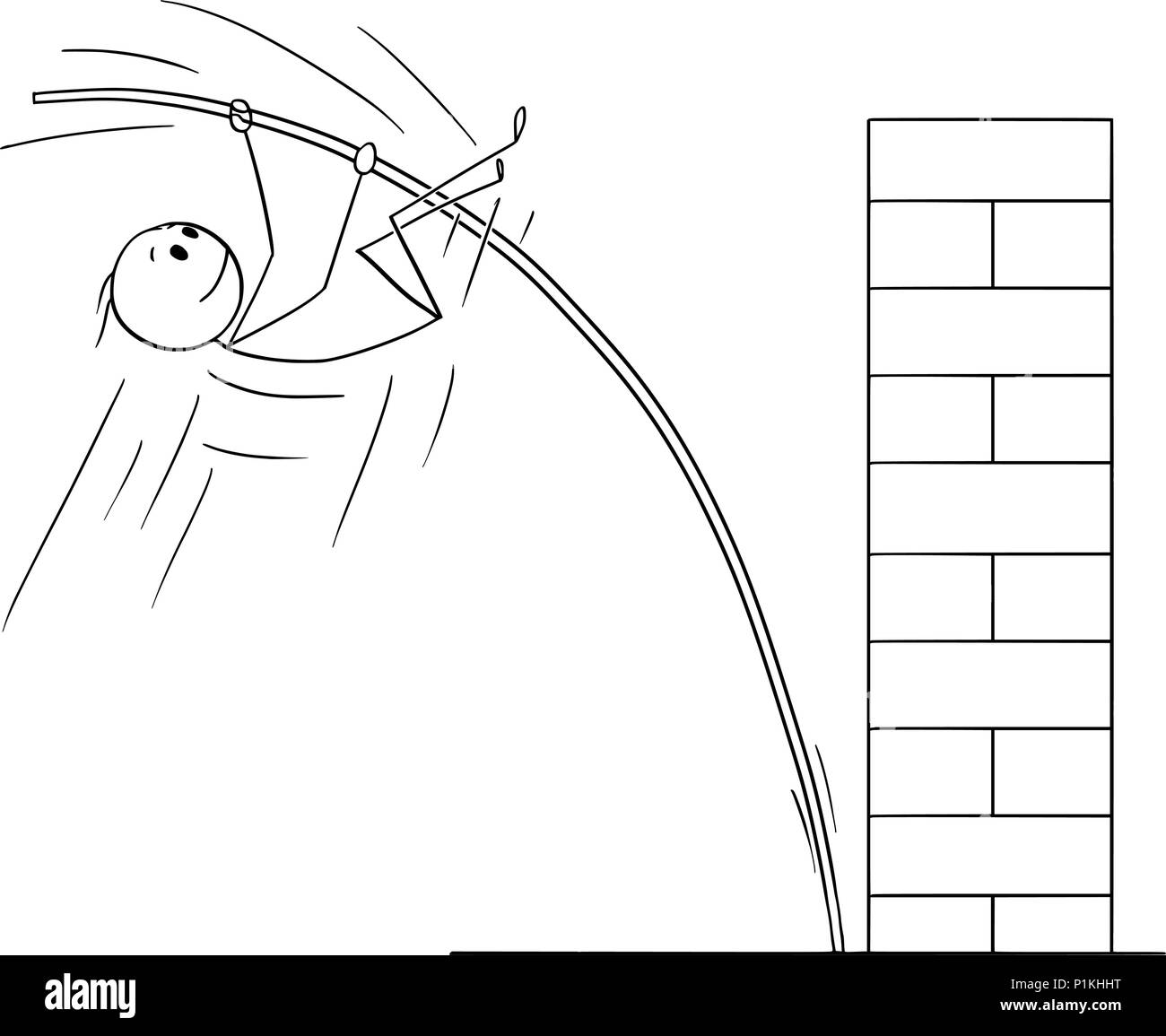 Cartoon di uomo o imprenditore facendo Pole Vaulting di superare ostacolo Illustrazione Vettoriale
