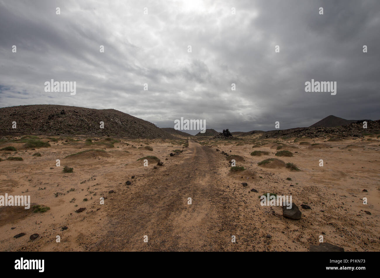 Desert Trail appena tratteggiato e punteggiato da rocce laviche sotto un cielo tempestoso.fuerteventura, Spagna Foto Stock