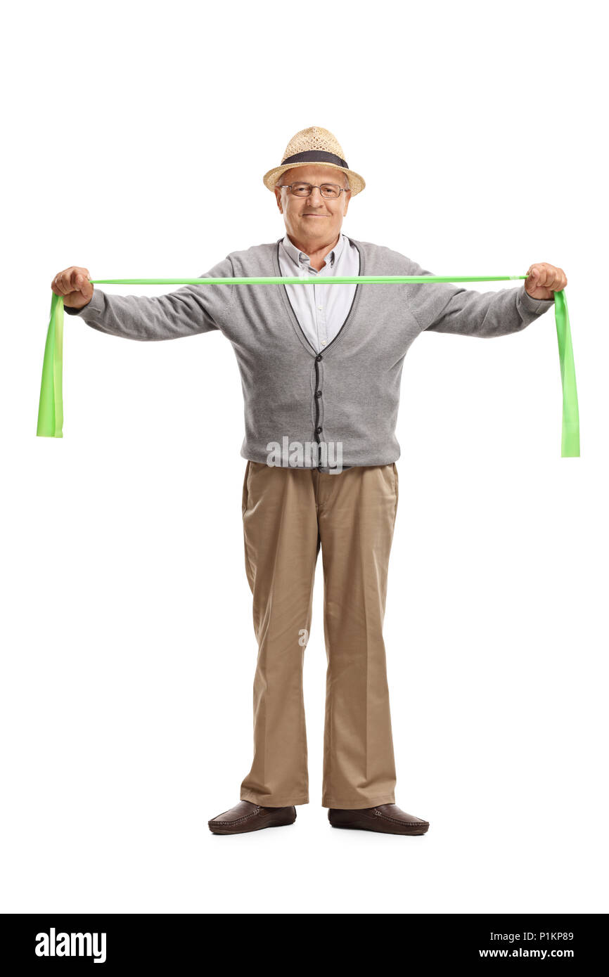 A piena lunghezza Ritratto di un uomo anziano con un nastro di gomma isolati su sfondo bianco Foto Stock