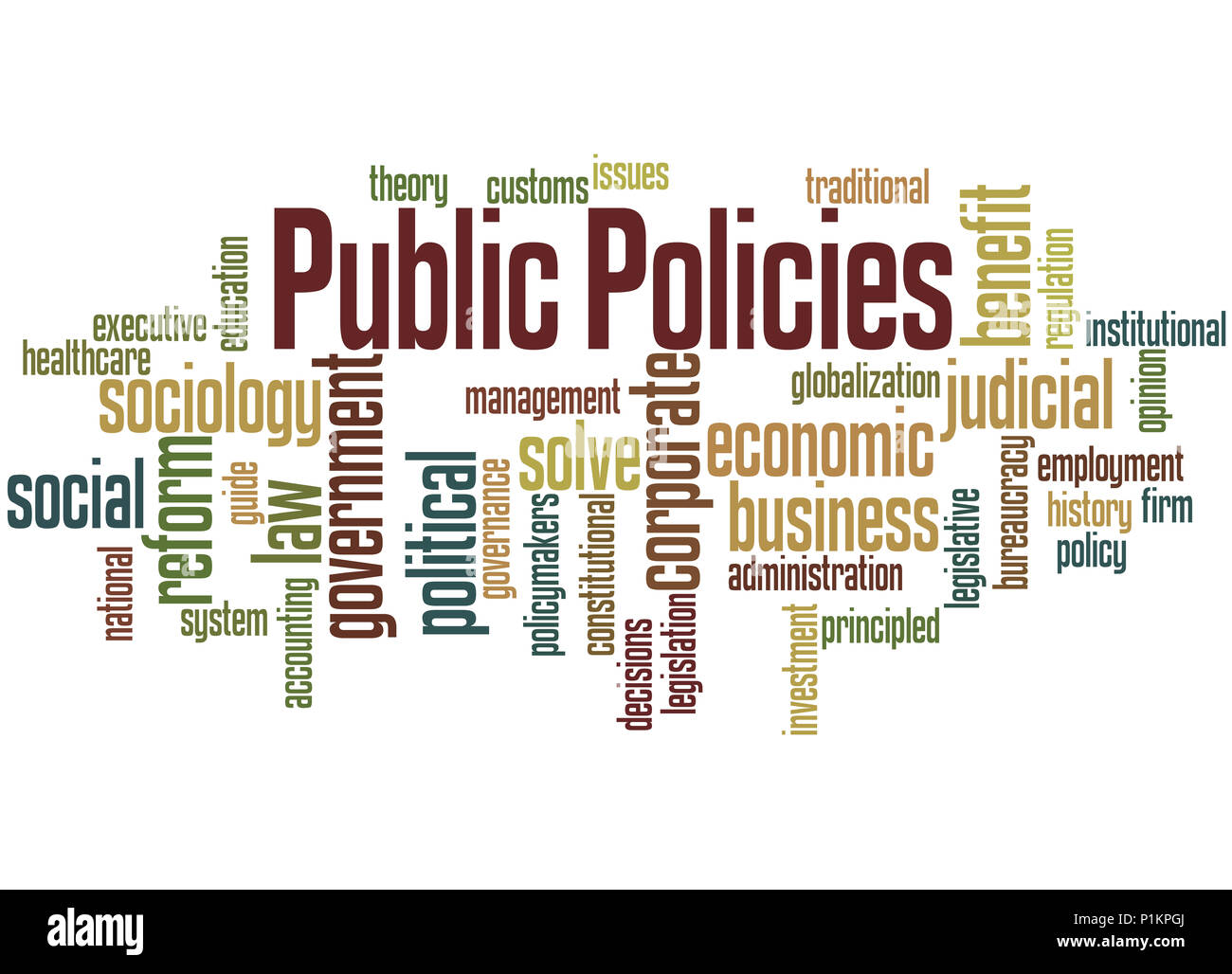 Le politiche pubbliche, word cloud concetto su sfondo bianco. Foto Stock