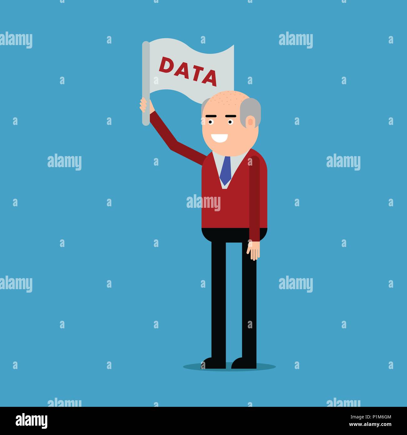 Uomo con una bandiera i dati, illustrazione vettoriale su uno sfondo blu Illustrazione Vettoriale