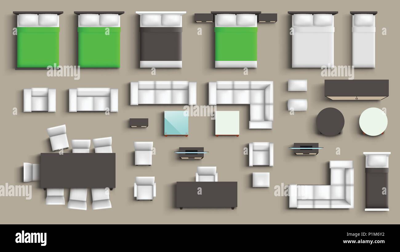 Illustrazione della grande arredamento moderno design set con realismo le ombre morbide su sfondo lucido Illustrazione Vettoriale