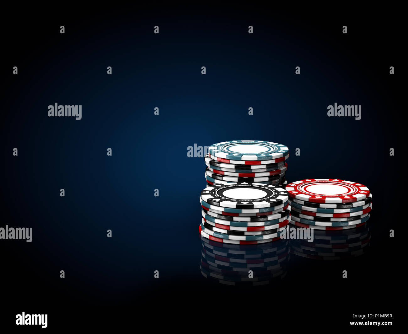 Casino chip stack. 3d illustrazione in bianco e nero e sfondo blu Foto Stock