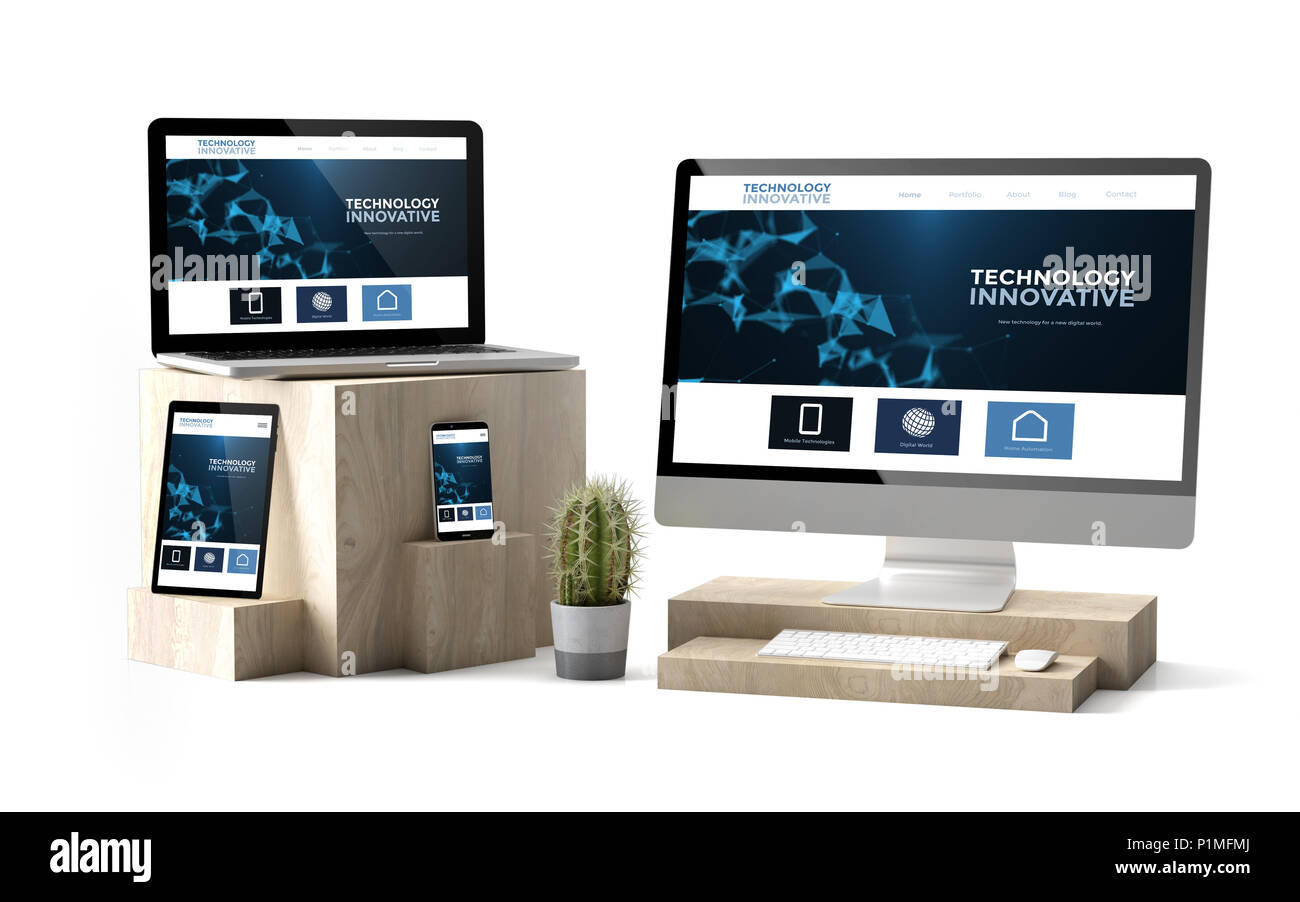 3D rendering dei dispositivi isolati su cubi di legno che mostra la tecnologia innovativa sito reattivo Foto Stock