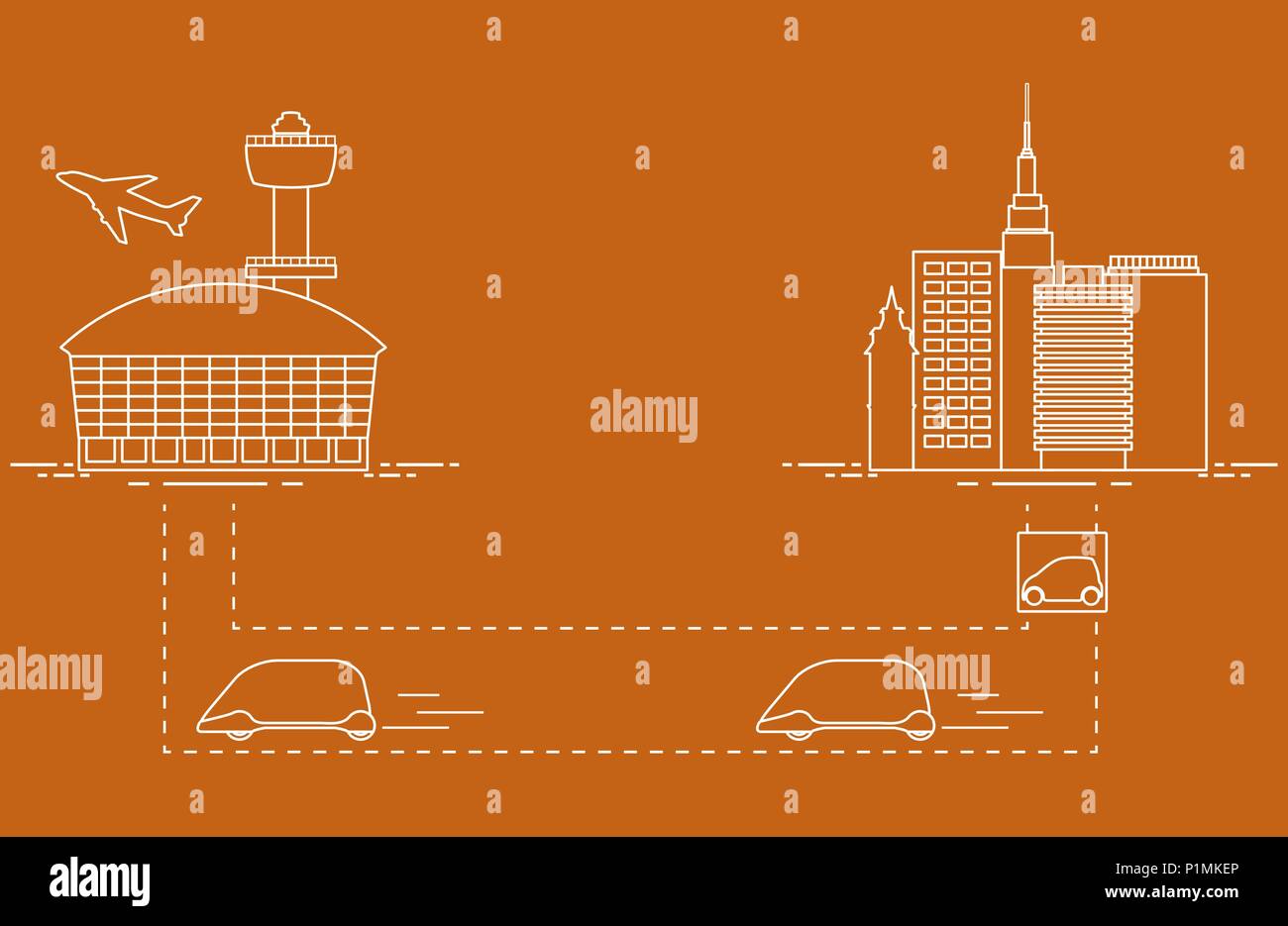 Alta velocità di trasporto di passeggeri dalla città all'aeroporto. Il progresso tecnico e scientifico. La nuova tecnologia. Illustrazione Vettoriale