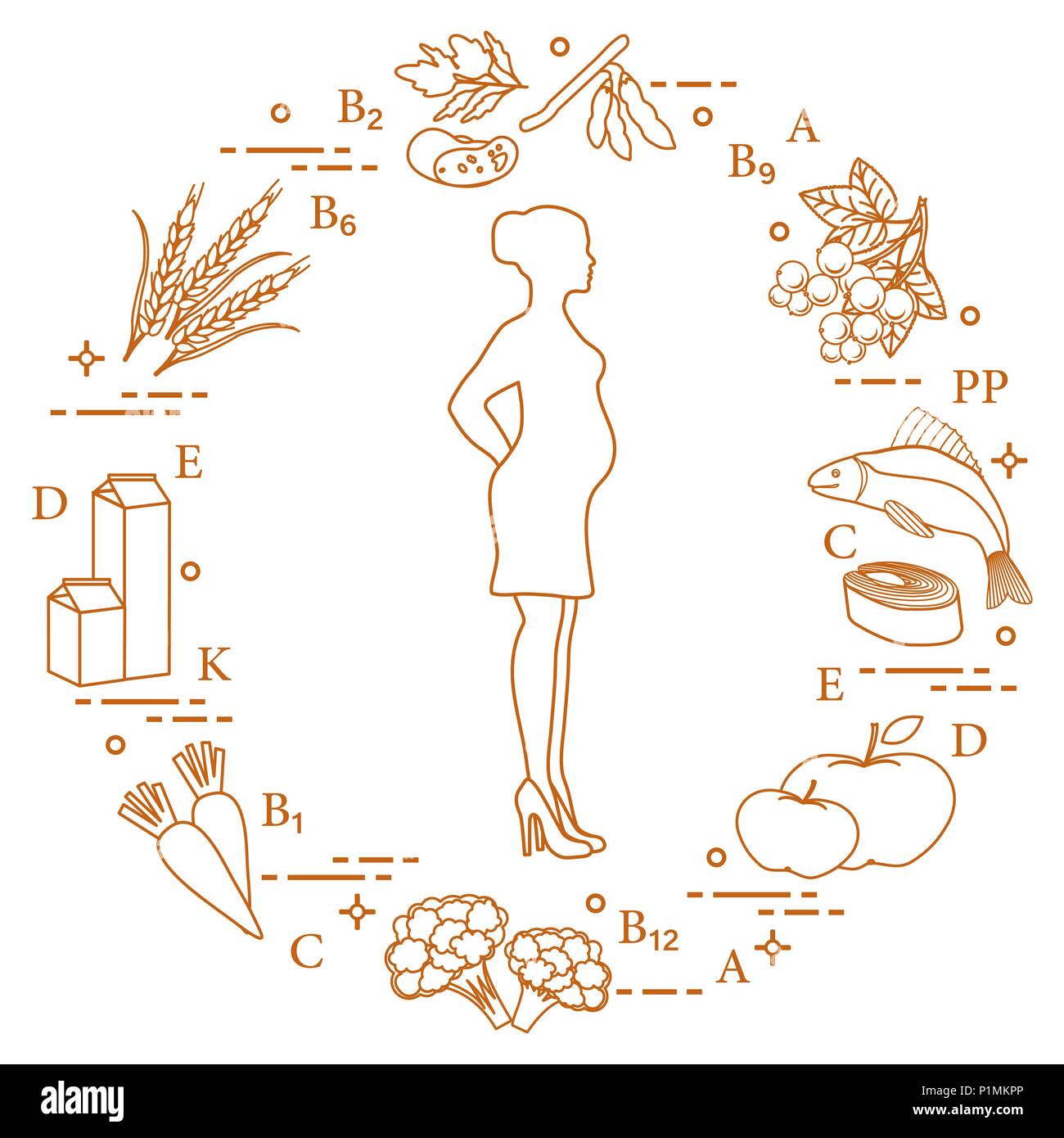 Donna incinta e di cibi ricchi di vitamine utili per le donne in gravidanza. Pesci, mele, cavolfiore, carote, prodotti lattiero-caseari, il ribes nero, soia, siamo Illustrazione Vettoriale