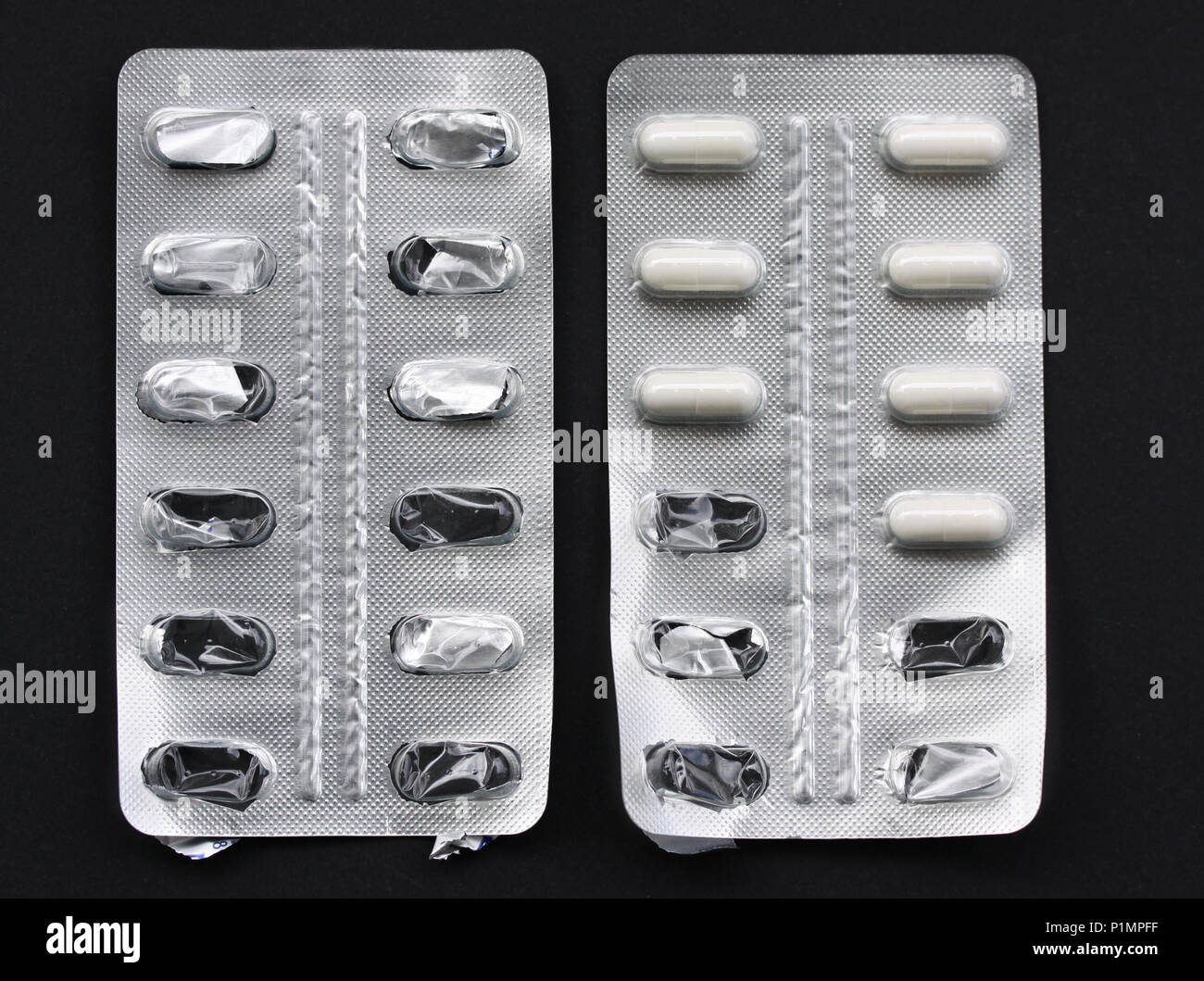 Pillole medicinali in confezioni compresse in blister di alluminio pack  capsule. Alcune nuove e alcune vuote da uso di pillole Foto stock - Alamy