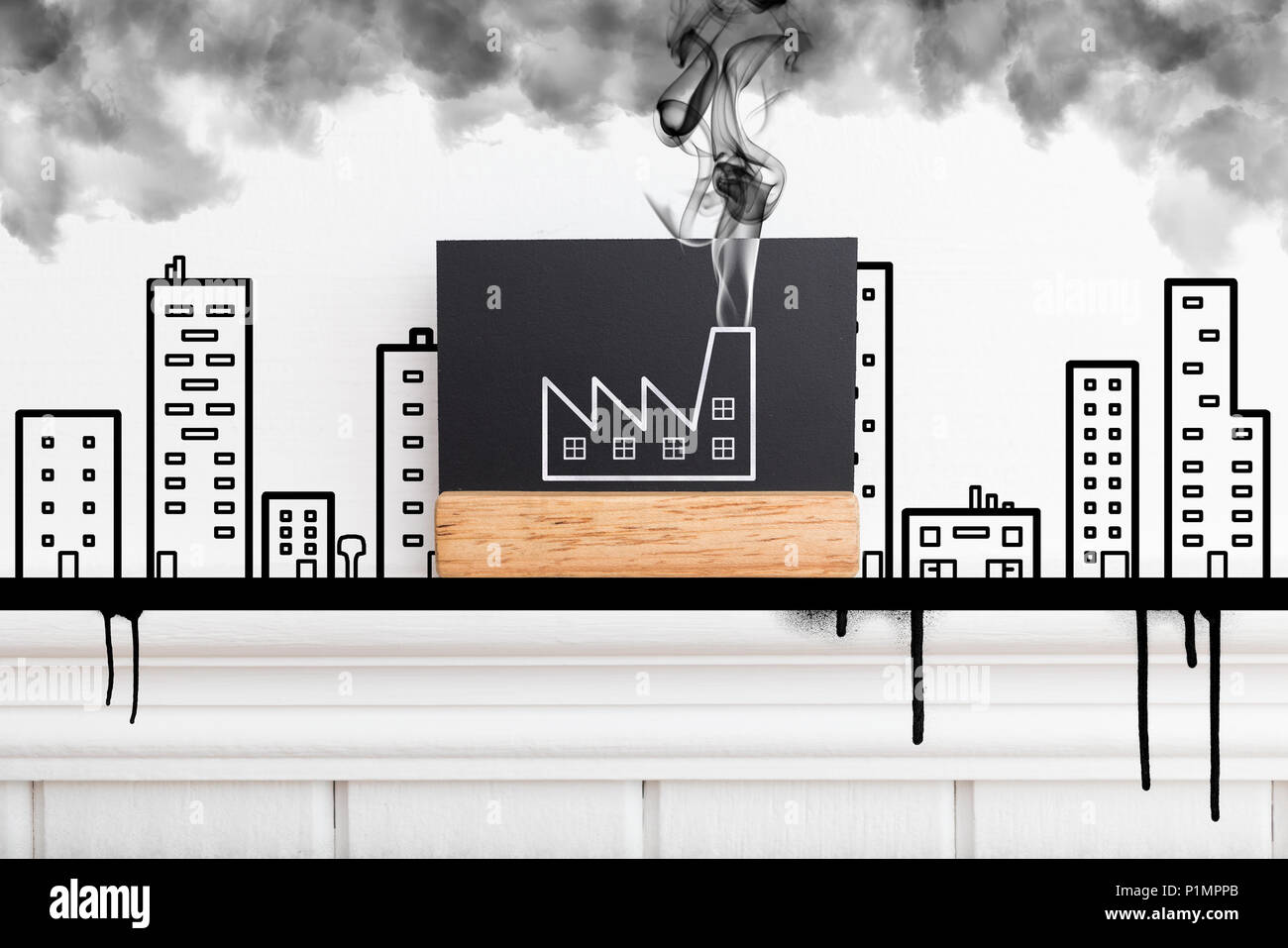 Immagine creativa di un muro di fabbrica con emissione di fumo. Fumatori concetto di fabbrica. Uno stile piatto Foto Stock