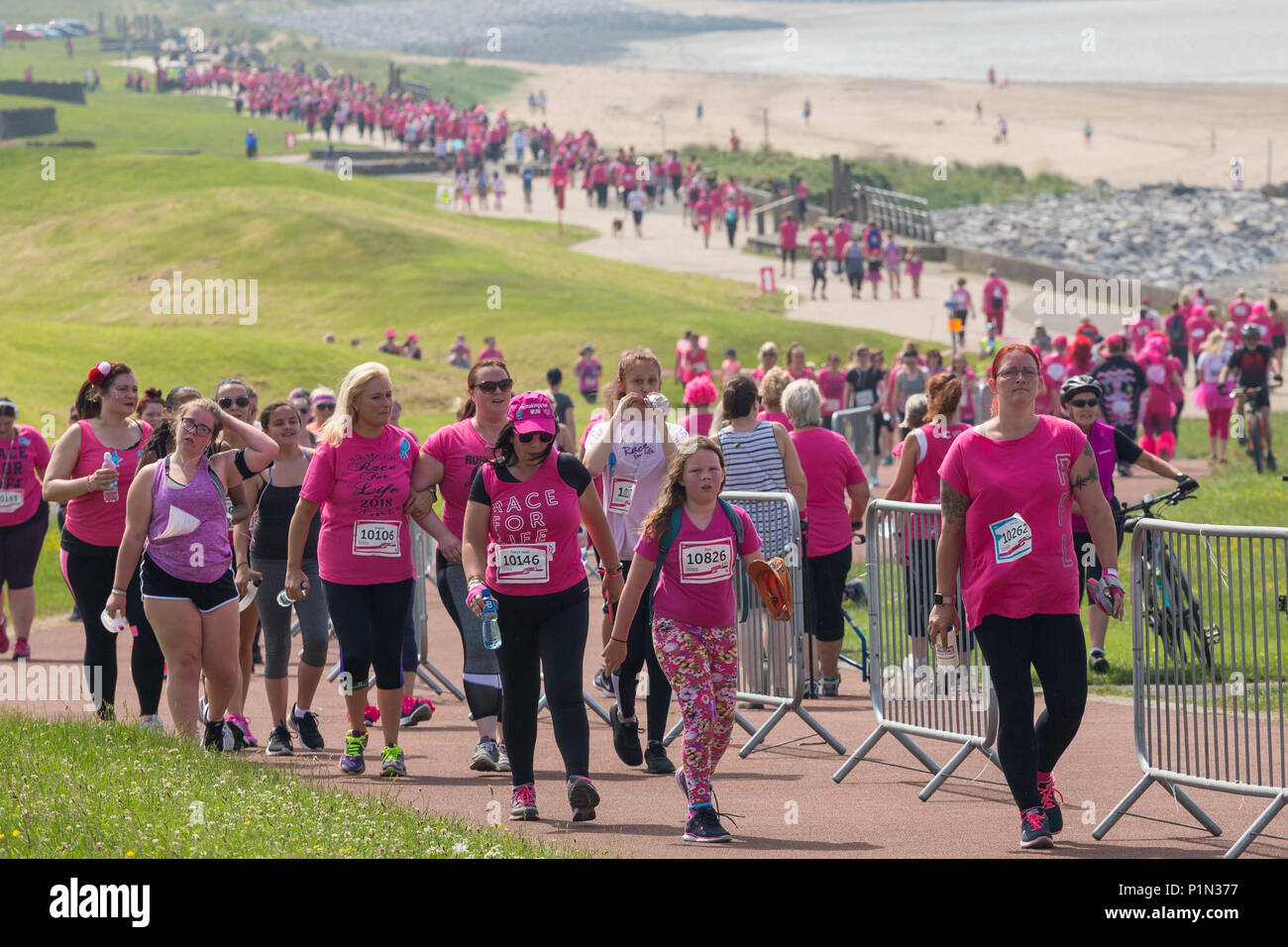I partecipanti nella ricerca sul cancro del Regno Unito di corsa per la vita evento di beneficenza in Llanelli camminare e correre in evento sponsorizzato per raccogliere fondi per la carità Foto Stock