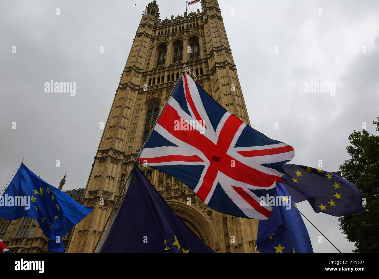 Westminster, Londra, Regno Unito. 12 Giugno 2018 - attivisti Anti-Brexit UE e Union Jack Flag al di fuori del Parlamento, come i deputati hanno votato contro 326-301 Lords emendamento per il ritiro dell'UE Bill per fare uscire data sono soggetti ad approvazione parlamentare. Oltre 12 ore di dibattito sono state pianificate nonché più voti in una sola seduta. I signori' emendamenti includono quelli a sezioni sull'unione doganale, la frontiera irlandese e la rimozione della data precisa di Brexit - 29 Marzo 2019 - da bill. Credito: Dinendra Haria/Alamy Live News Foto Stock