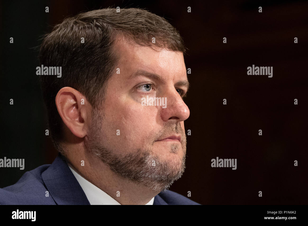 Washington, Stati Uniti d'America. 12 Giugno, 2018. Matteo Masterson della protezione nazionale e Direzione Programmi United States Department of Homeland Security parla durante un senato degli Stati Uniti Comitato Giudiziario audizione del Campidoglio di Washington, DC il 12 giugno 2018. Credito: Alex Edelman/CNP | Utilizzo di credito in tutto il mondo: dpa/Alamy Live News Foto Stock