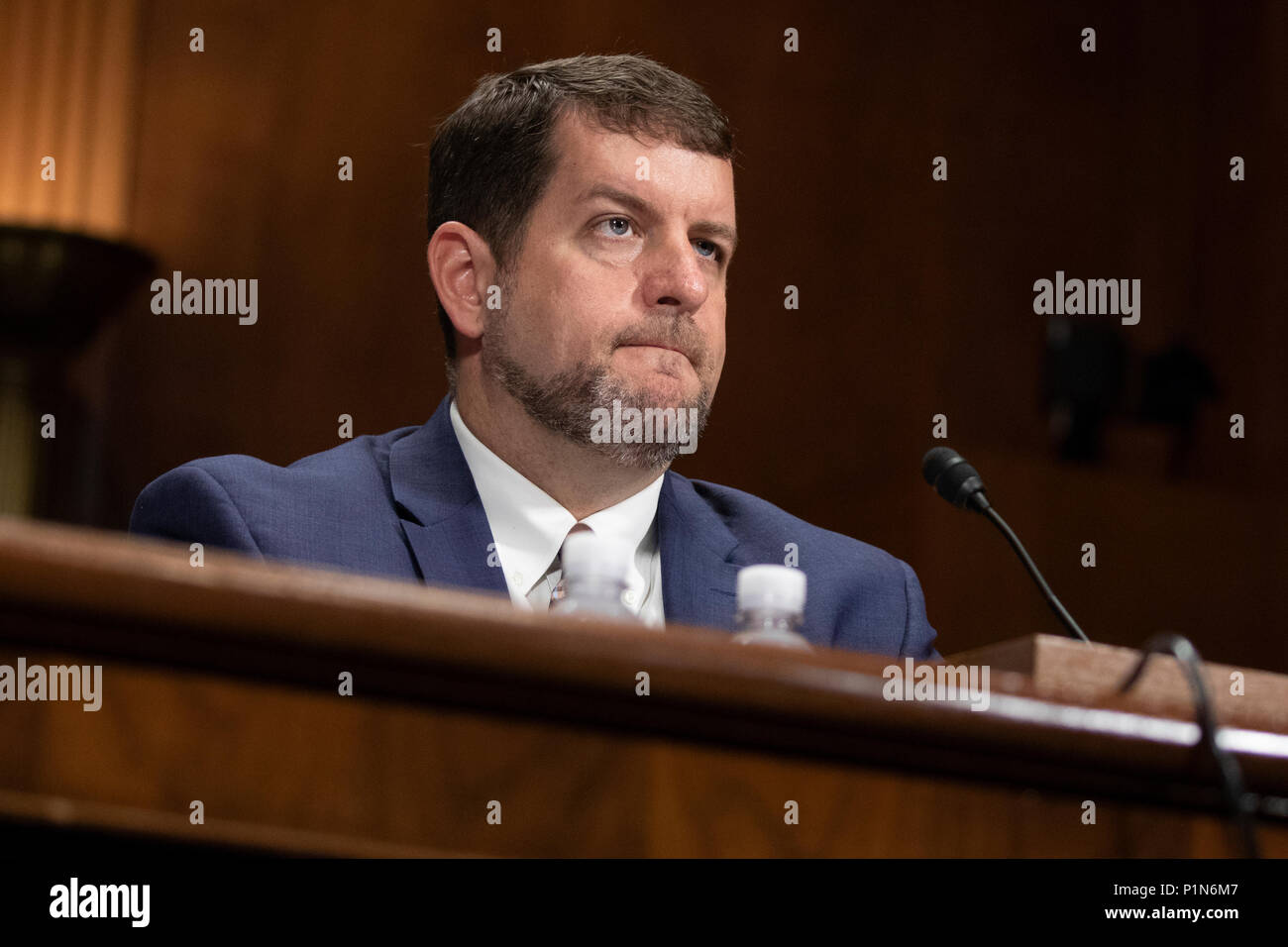 Washington, Stati Uniti d'America. 12 Giugno, 2018. Matteo Masterson della protezione nazionale e Direzione Programmi United States Department of Homeland Security parla durante un senato degli Stati Uniti Comitato Giudiziario audizione del Campidoglio di Washington, DC il 12 giugno 2018. Credito: Alex Edelman/CNP | Utilizzo di credito in tutto il mondo: dpa/Alamy Live News Foto Stock