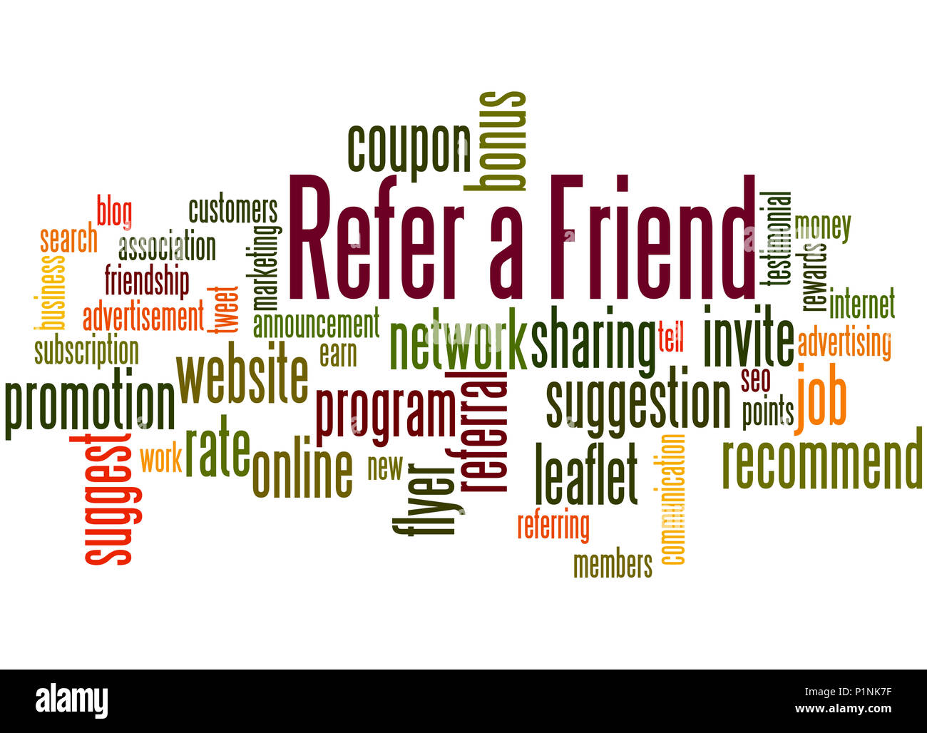 Fare riferimento a un amico, word cloud concetto su sfondo bianco. Foto Stock