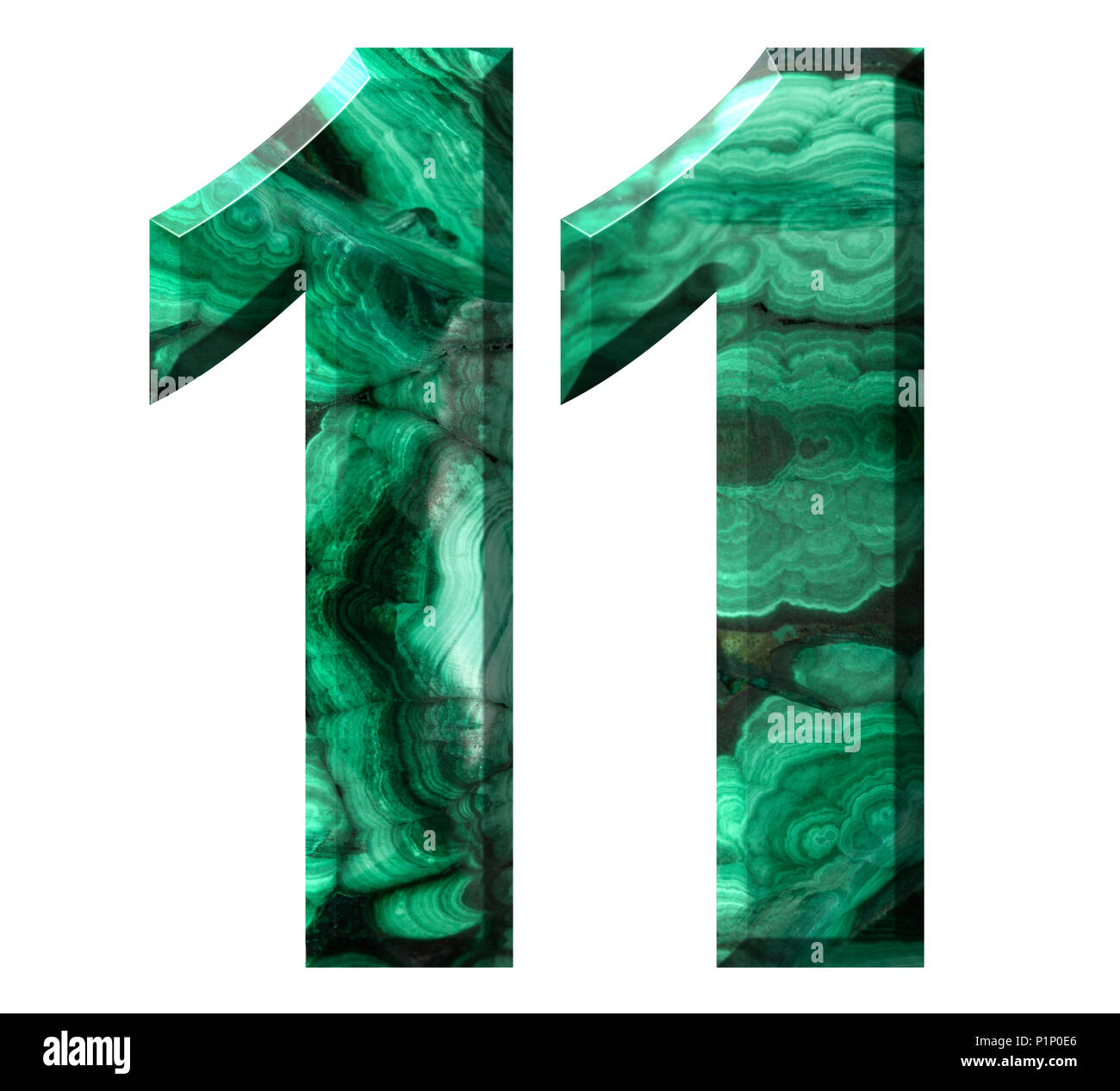 Numero arabo 11, undici, dal verde naturale malachite, isolati su sfondo bianco Foto Stock