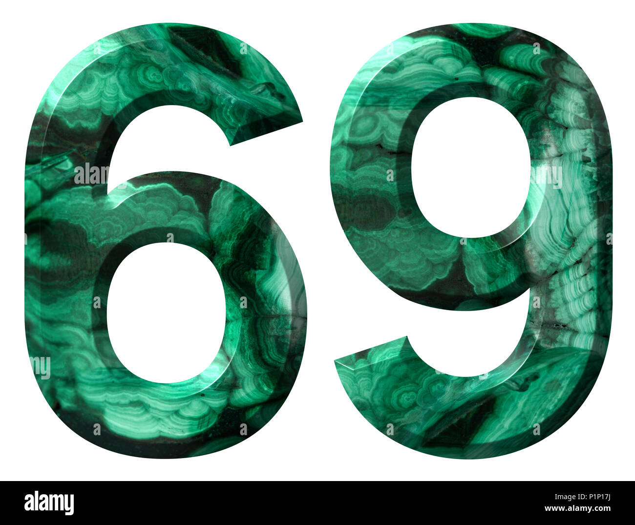 Numero arabo 69, sessanta nove, dal verde naturale malachite, isolati su sfondo bianco Foto Stock