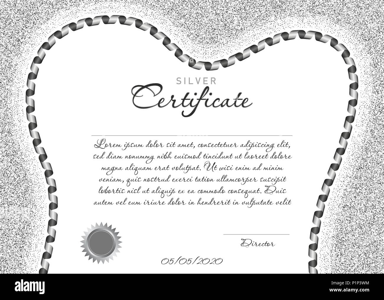 Argento certificato o diploma per odontoiatria con un dente a forma di telaio. Immagine vettoriale. Illustrazione Vettoriale