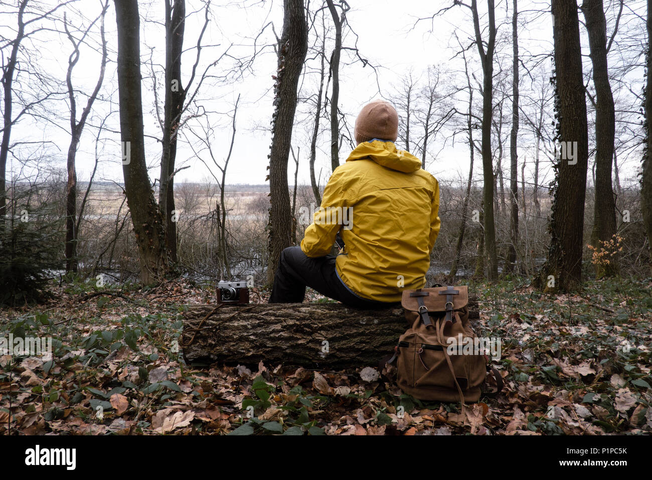 Uomo con zaino in bosco selvatico Foto Stock