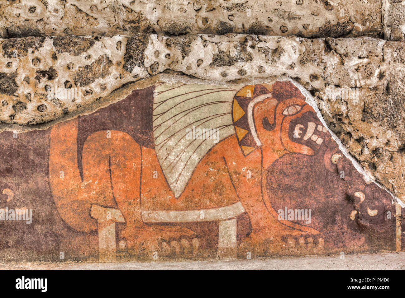 Carta murale di una Jaguar, Palazzo di Tetitla, Teotihuacan zona archeologica; lo stato del Messico, Messico Foto Stock