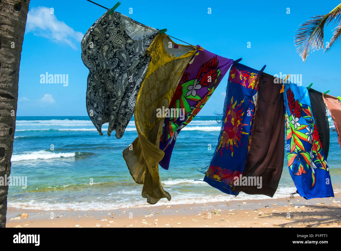 Pittoresca spiaggia asciugamani appeso a un albero in Bathsheba beach; Barbados Foto Stock