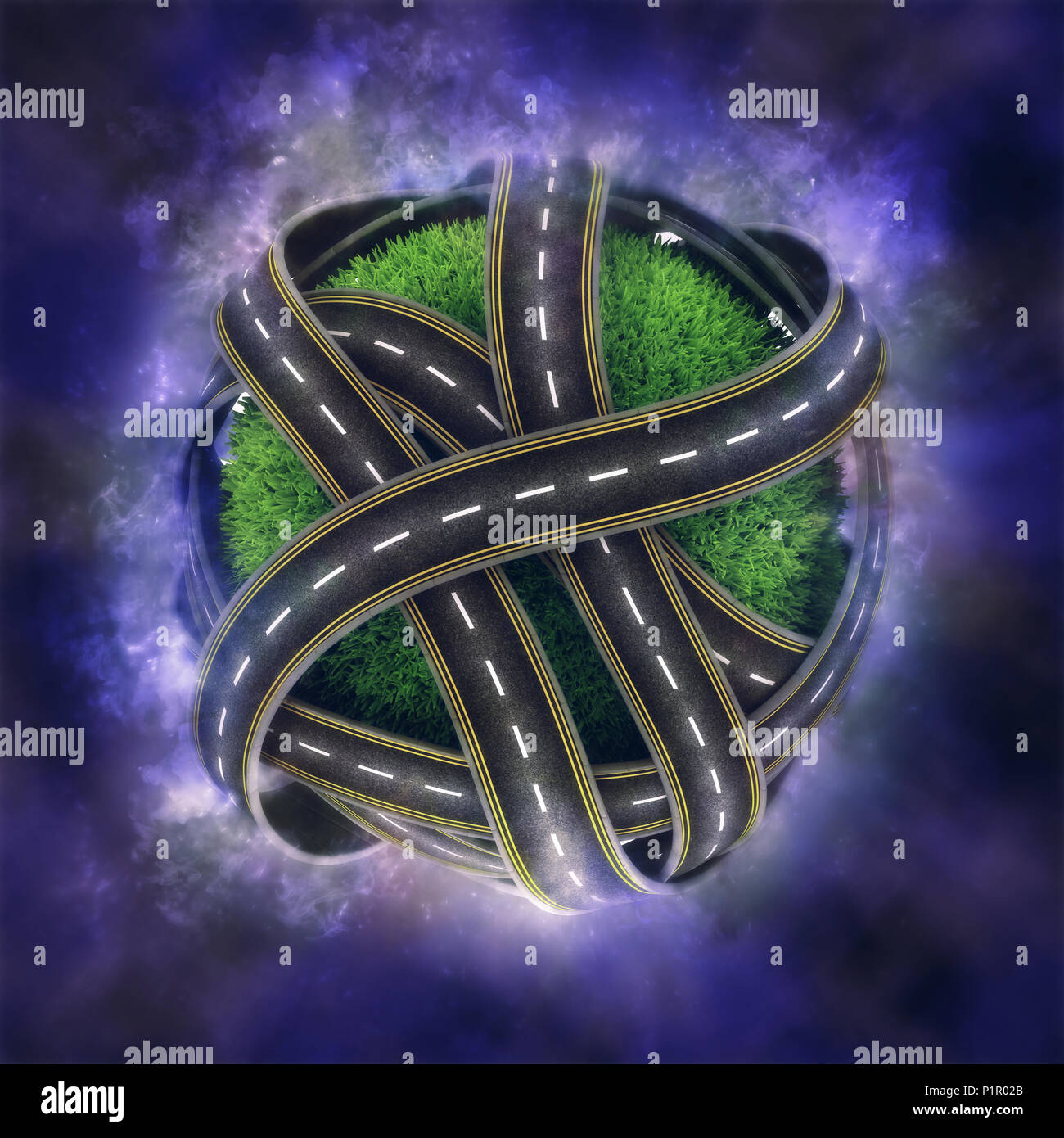 3D render di un globo erbosa con la rete stradale del nebula lo sfondo Foto Stock