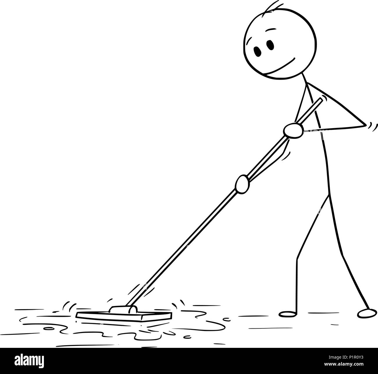 Cartoon di uomo piano di pulizia con Mop Illustrazione Vettoriale