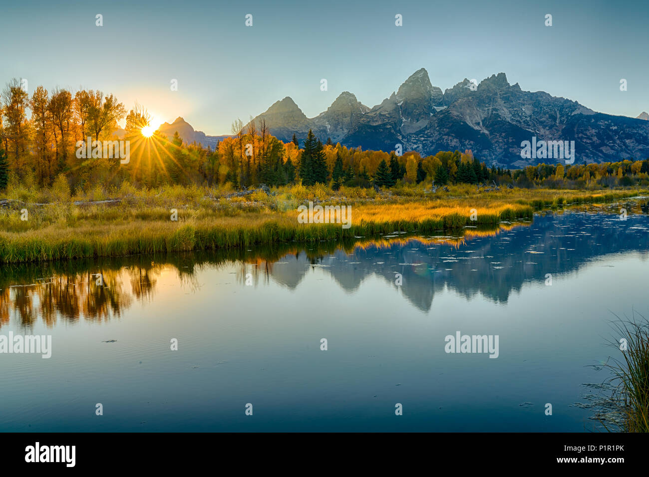 Tramonto a Schwabacher's Landing in Grand Teton National Park Foto Stock