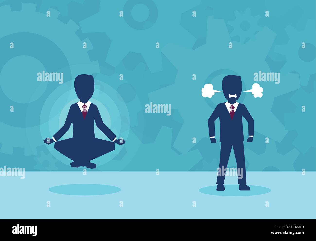 Immagine vettoriale di imprenditore in meditazione e arrabbiato collega che vive in stress. Illustrazione Vettoriale