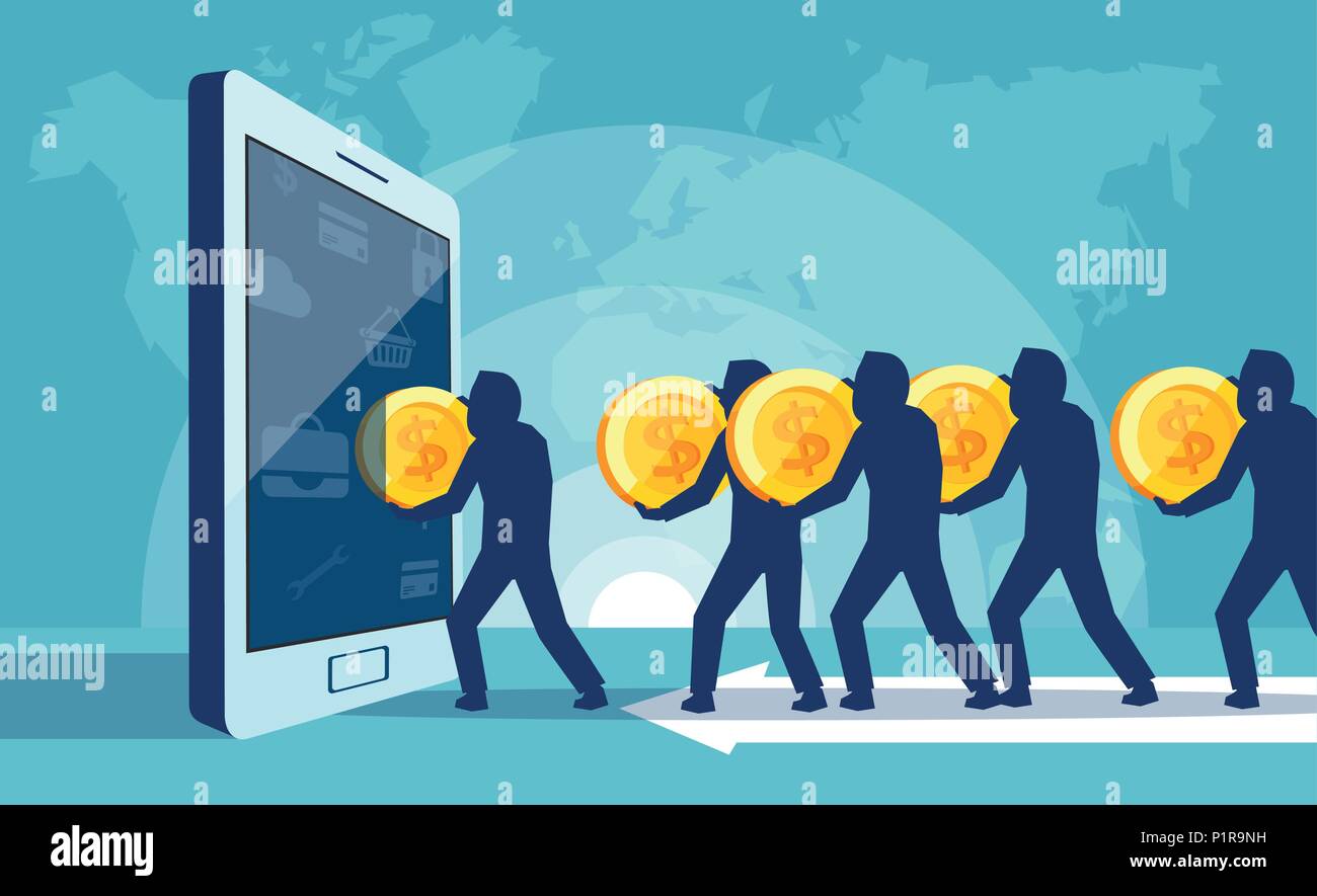 Concetto illustrazione vettoriale di persone che trasportano monete nel tablet di spendere soldi su trend inutili. Illustrazione Vettoriale