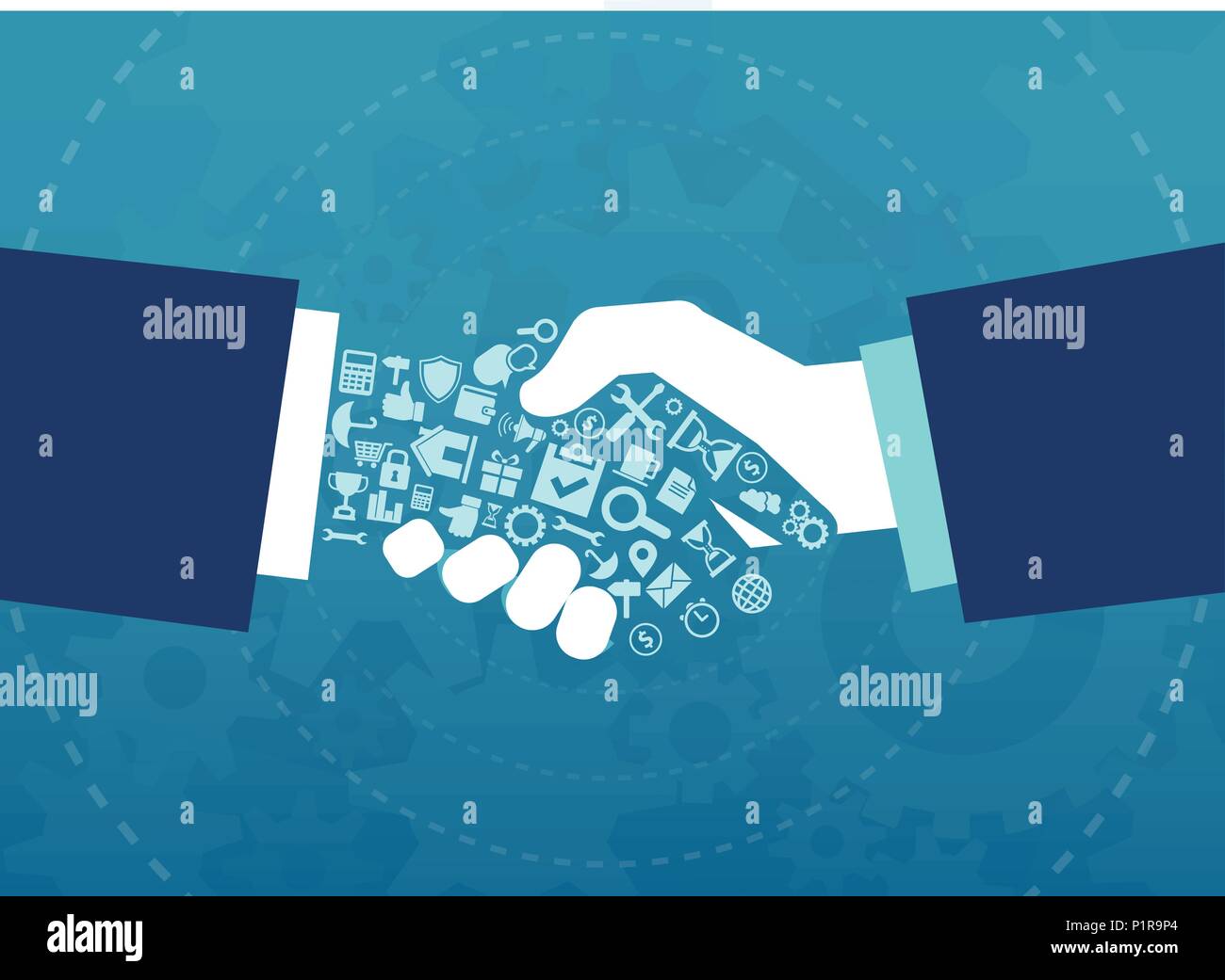 Illustrazione Vettoriale di imprenditori un handshake con elementi e icone di finanza aziendale e strumenti di vita Illustrazione Vettoriale
