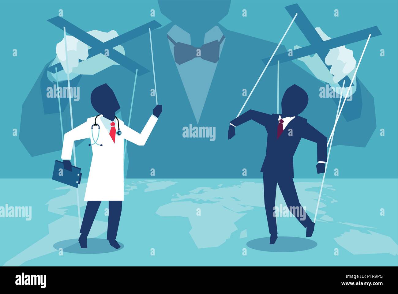 Concetto di vettore di tipo piatto illustrazione di una persona la manipolazione medico e agente di assicurazione dietro le quinte. Illustrazione Vettoriale