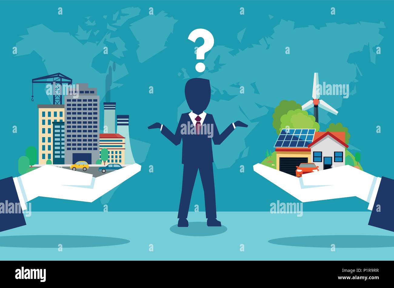 Illustrazione Vettoriale dell'uomo avente dilemma quando la scelta di campagna o la vita urbana. Illustrazione Vettoriale