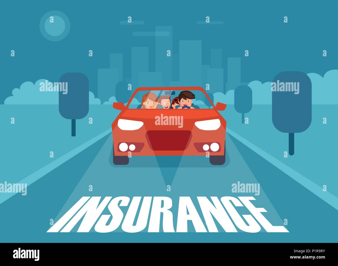 Vettore della famiglia felice in sella auto sulla strada con assicurazione di parola inferiore essendo in sicurezza. Illustrazione Vettoriale